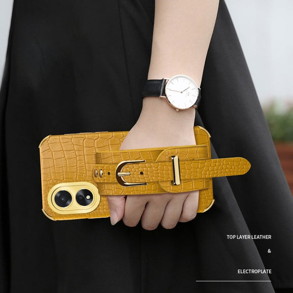 For OPPO A38 Electroplated Wrist Strap Crocodile Leather Back Phone Case(White)