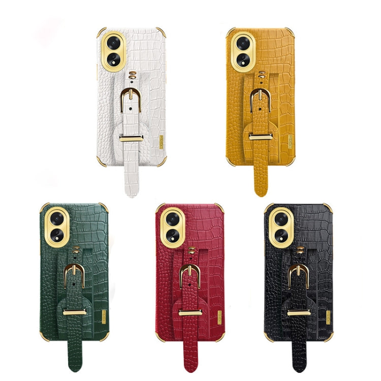 For OPPO A38 Electroplated Wrist Strap Crocodile Leather Back Phone Case(White)