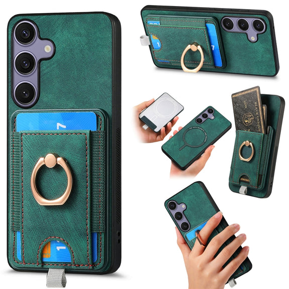 For Samsung Galaxy S25 5G Retro Splitable Magnetic Card Bag Leather Phone Case(Green)