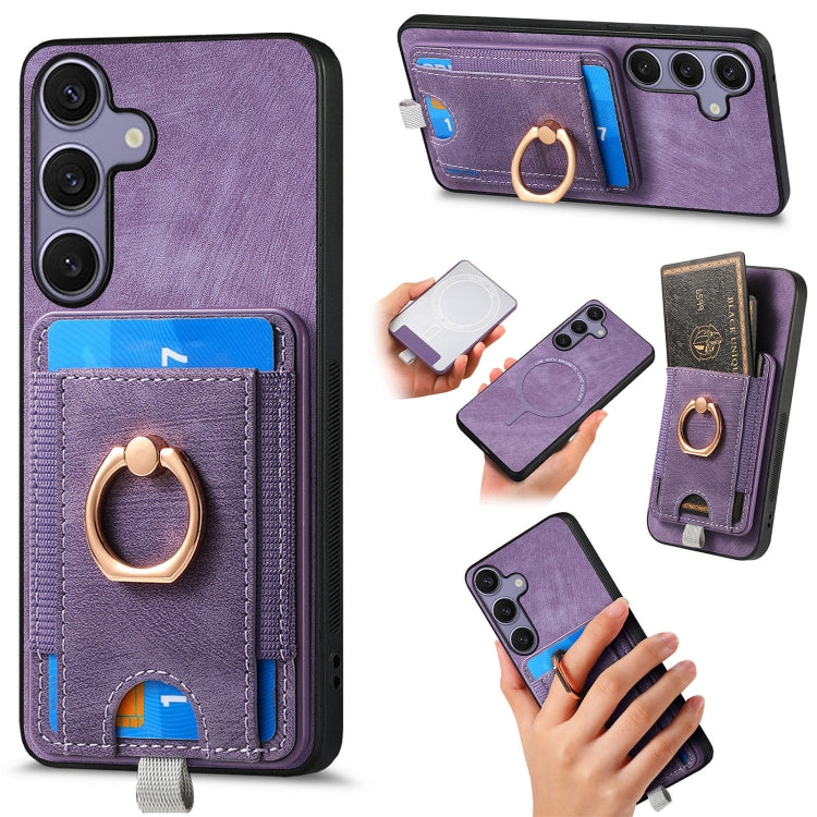 For Samsung Galaxy S25 5G Retro Splitable Magnetic Card Bag Leather Phone Case(Purple)
