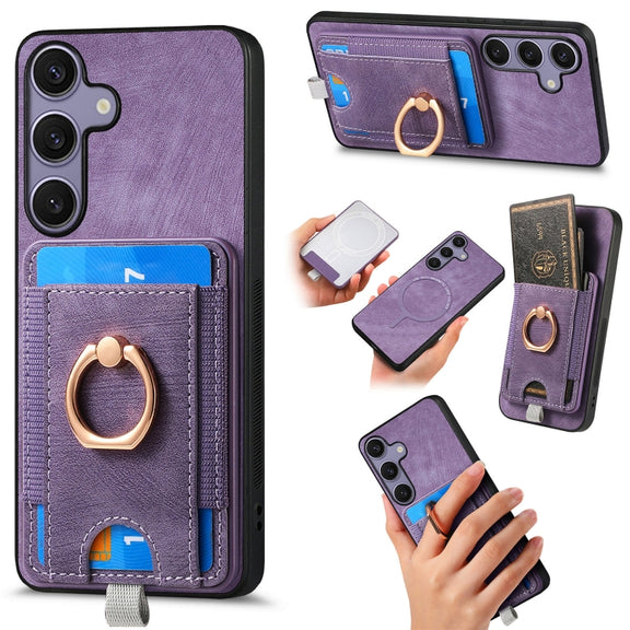 For Samsung Galaxy S25 5G Retro Splitable Magnetic Card Bag Leather Phone Case(Purple)
