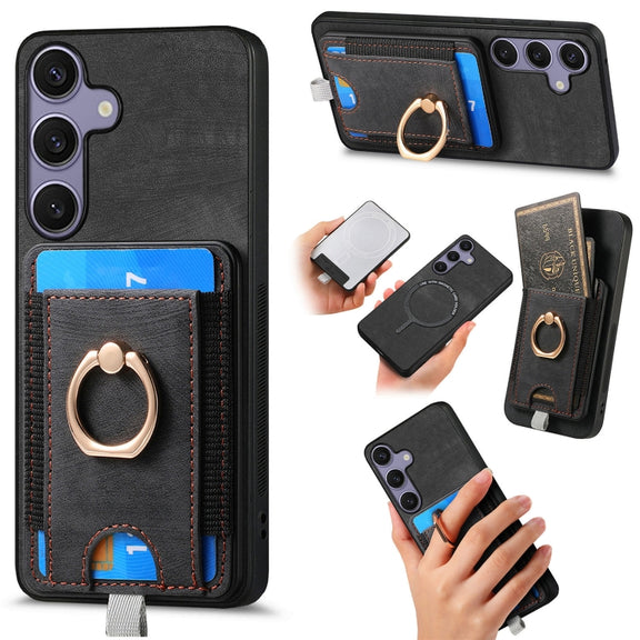 For Samsung Galaxy S25+ 5G Retro Splitable Magnetic Card Bag Leather Phone Case(Black)