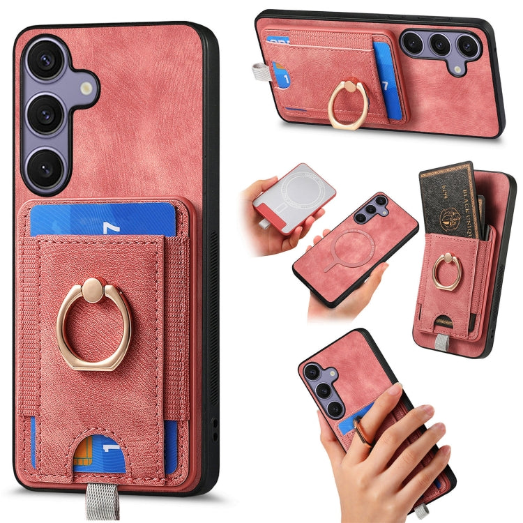 For Samsung Galaxy S25+ 5G Retro Splitable Magnetic Card Bag Leather Phone Case(Pink)