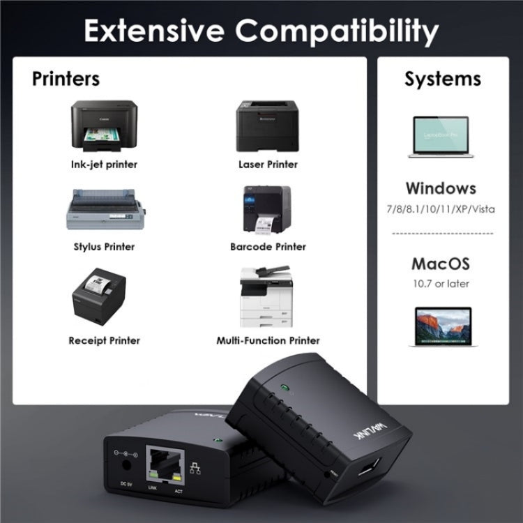 WAVLINK NU72P11 100Mbps Network Print Server USB 2.0 Network Printer Power Adapter(AU Plug)