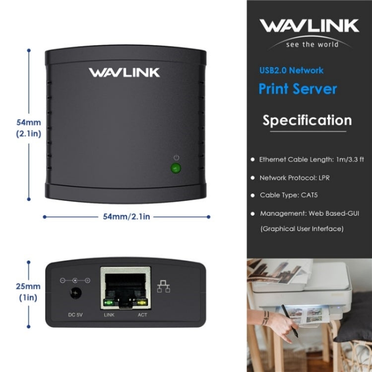 WAVLINK NU72P11 100Mbps Network Print Server USB 2.0 Network Printer Power Adapter(US Plug)