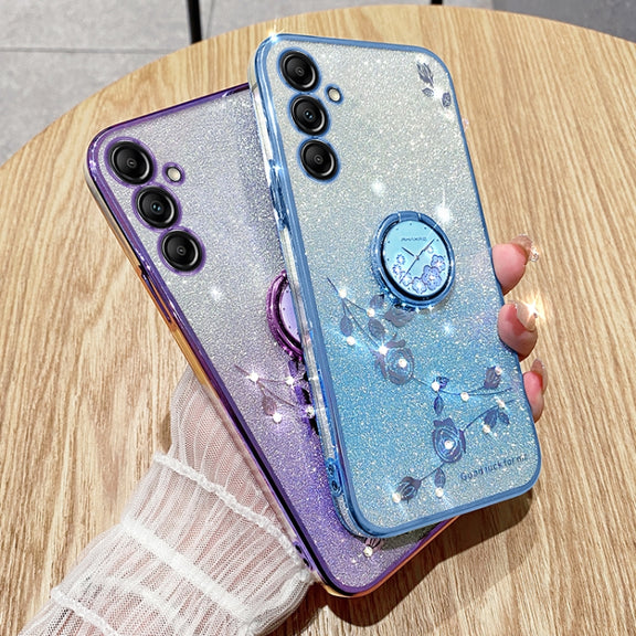 For Samsung Galaxy S25+ 5G Gradient Glitter Immortal Flower Ring All-inclusive Phone Case(Blue)