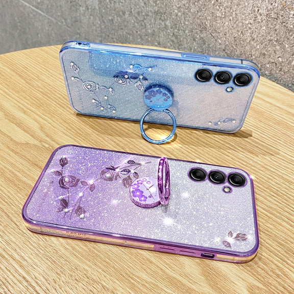 For Samsung Galaxy S25+ 5G Gradient Glitter Immortal Flower Ring All-inclusive Phone Case(Blue)