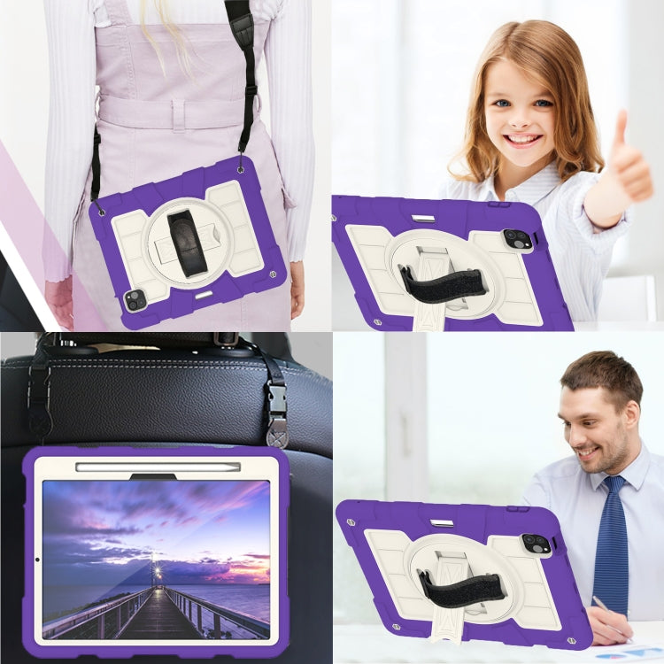 For iPad Pro 11 2024 Silicone Hybrid PC Shockproof Tablet Case with Shoulder Strap(Catharanthus Roseus)