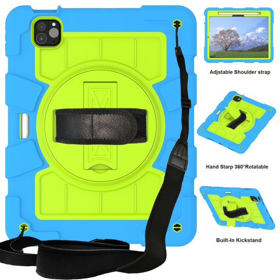 For iPad Pro 11 2024 Silicone Hybrid PC Shockproof Tablet Case with Shoulder Strap(Bluish-Green)