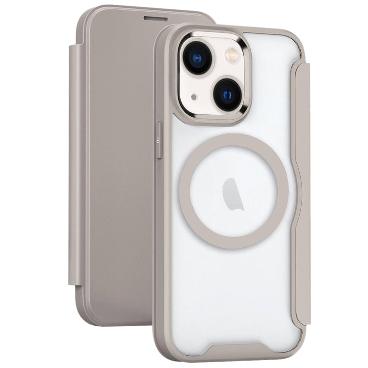 For iPhone 14 Plus MagSafe RFID Blocking Adsorption Flip Leather Phone Case(Khaki)