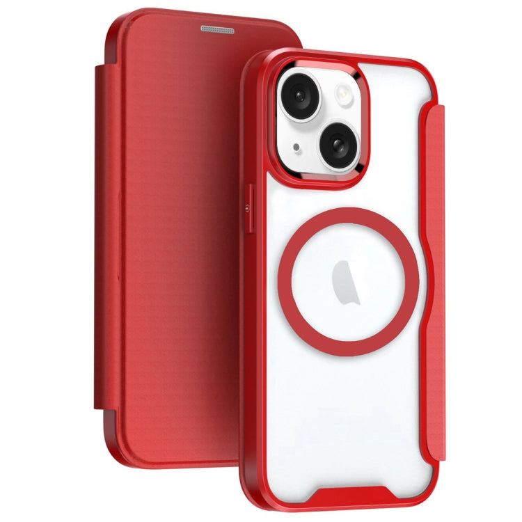 For iPhone 15 Plus MagSafe RFID Blocking Adsorption Flip Leather Phone Case(Red)