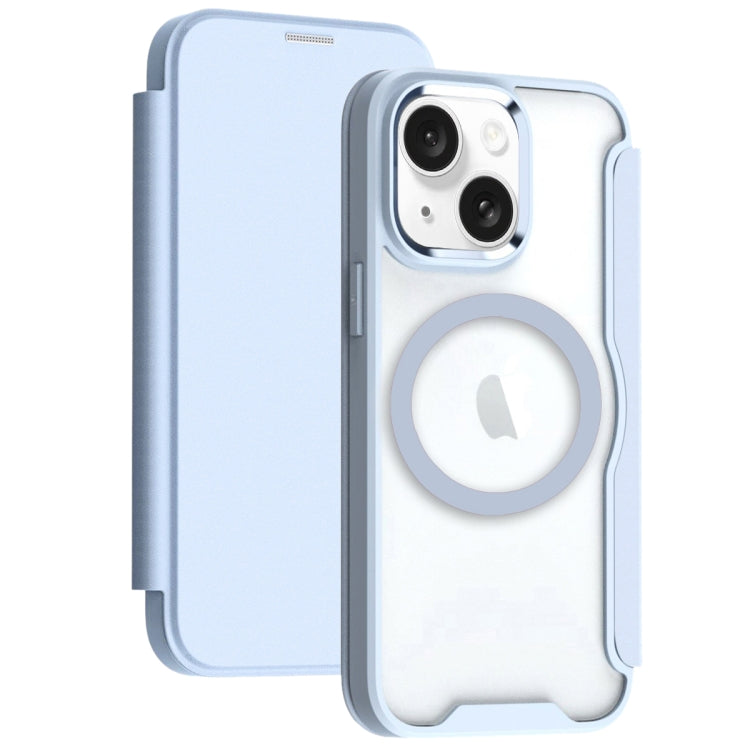 For iPhone 15 MagSafe RFID Blocking Adsorption Flip Leather Phone Case(Blue)