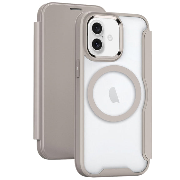 For iPhone 16 Plus MagSafe RFID Blocking Adsorption Flip Leather Phone Case(Khaki)