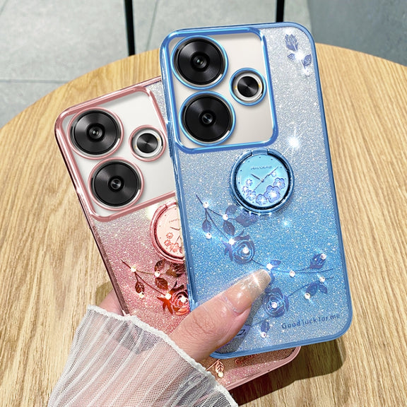 For Xiaomi Redmi Turbo 3 Gradient Glitter Immortal Flower Ring All-inclusive Phone Case(Blue)