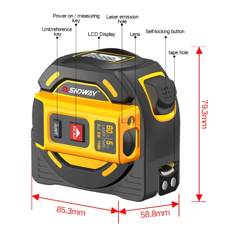 SNDWAY SW-TM60 60m Digital Rangefinder Laser Distance Meter Tape Multi-function Self-Locking Hand Tool Device