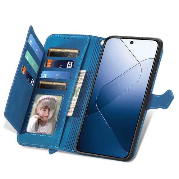 For Xiaomi 14 Embossed Flower Zipper Leather Phone Case(Blue)
