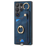 For Samsung Galaxy S24 Ultra 5G Retro Skin-feel Ring Card Bag Phone Case with Hang Loop(Blue)