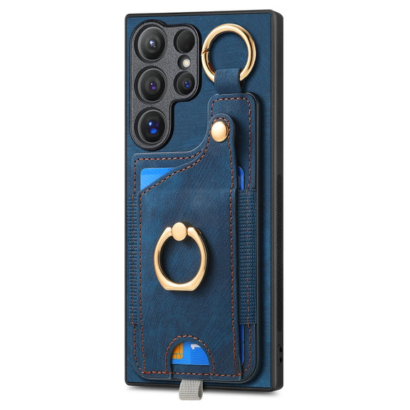 For Samsung Galaxy S24 Ultra 5G Retro Skin-feel Ring Card Bag Phone Case with Hang Loop(Blue)