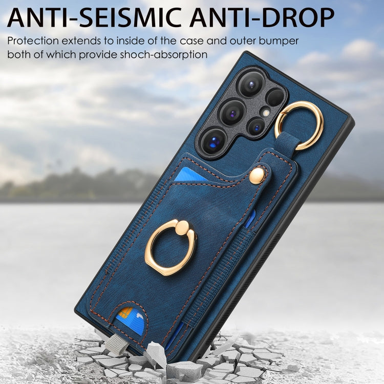 For Samsung Galaxy S24 Ultra 5G Retro Skin-feel Ring Card Bag Phone Case with Hang Loop(Blue)
