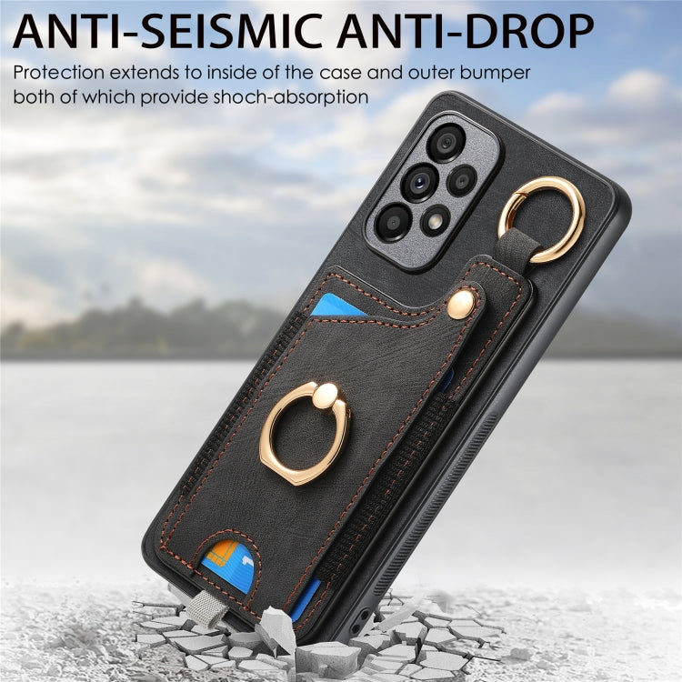 For Samsung Galaxy A25 Retro Skin-feel Ring Card Bag Phone Case with Hang Loop(Black)