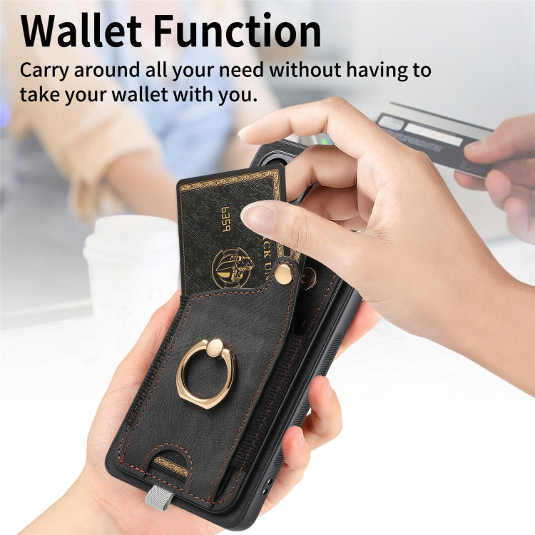 For Samsung Galaxy A25 Retro Skin-feel Ring Card Bag Phone Case with Hang Loop(Black)