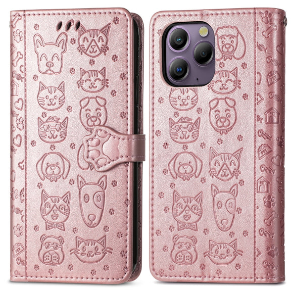 For Blackview A96 Cat and Dog Embossed Leather Phone Case(Rose Gold)