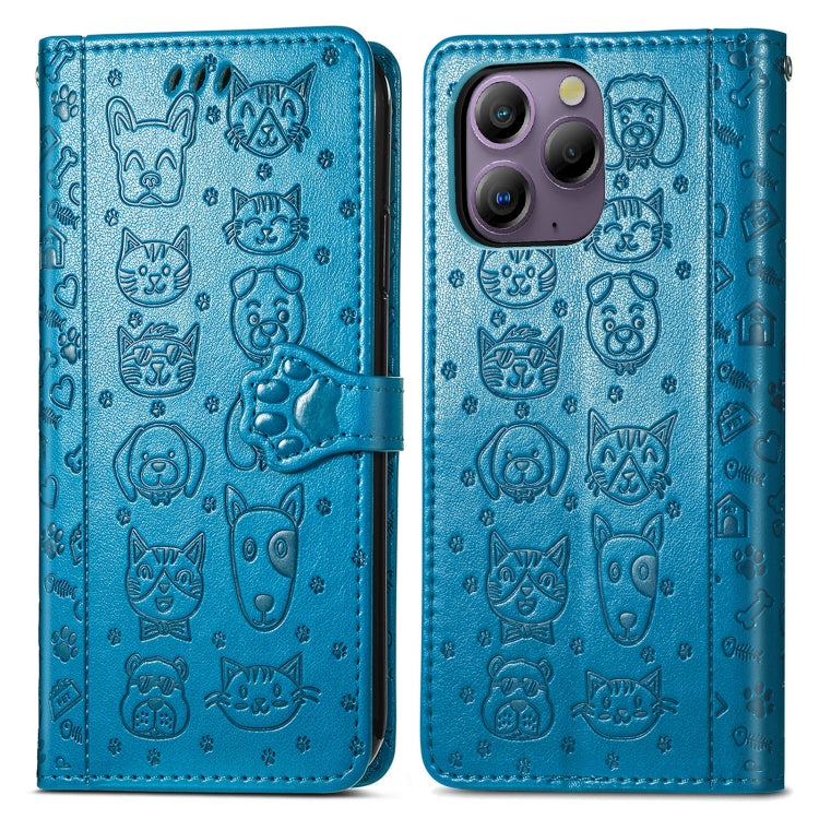 For Blackview A96 Cat and Dog Embossed Leather Phone Case(Blue)