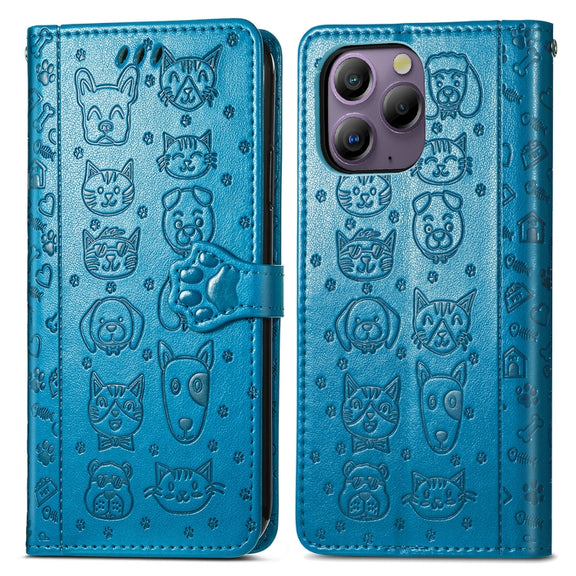 For Blackview A96 Cat and Dog Embossed Leather Phone Case(Blue)