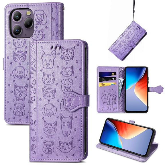 For Blackview A96 Cat and Dog Embossed Leather Phone Case(Purple)