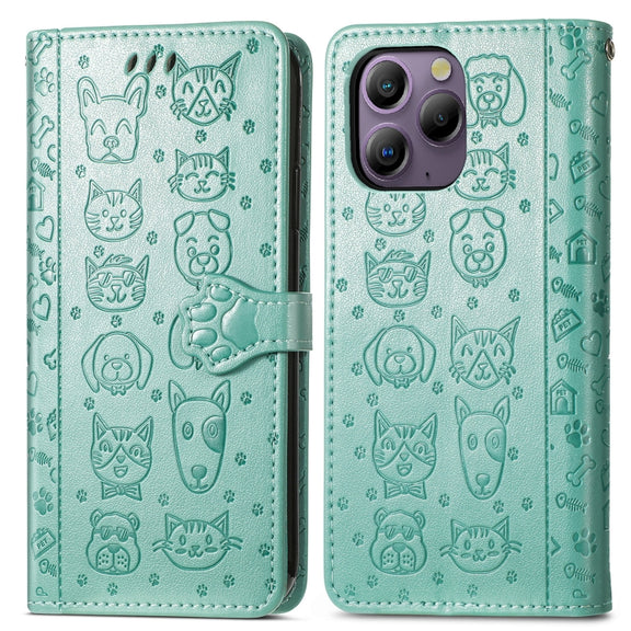 For Blackview A96 Cat and Dog Embossed Leather Phone Case(Green)