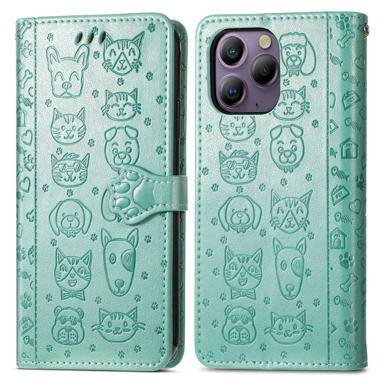 For Blackview A96 Cat and Dog Embossed Leather Phone Case(Green)