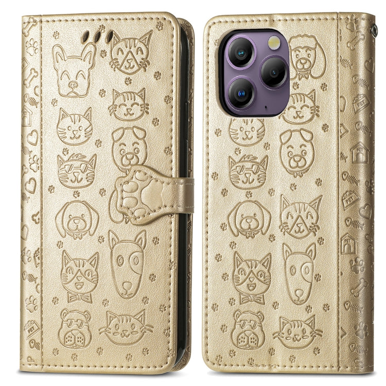For Blackview A96 Cat and Dog Embossed Leather Phone Case(Gold)