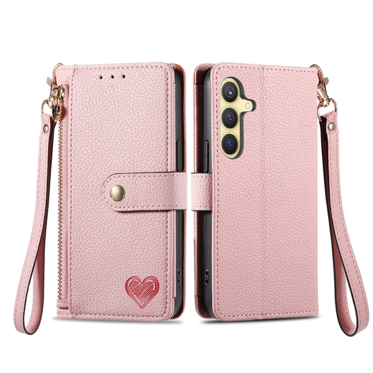 For Samsung Galaxy S24 5G Love Zipper Lanyard Leather Phone Case(Pink)