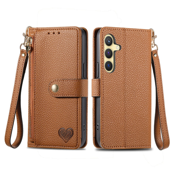 For Samsung Galaxy S24+ 5G Love Zipper Lanyard Leather Phone Case(Brown)