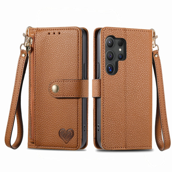 For Samsung Galaxy S24 Ultra 5G Love Zipper Lanyard Leather Phone Case(Brown)