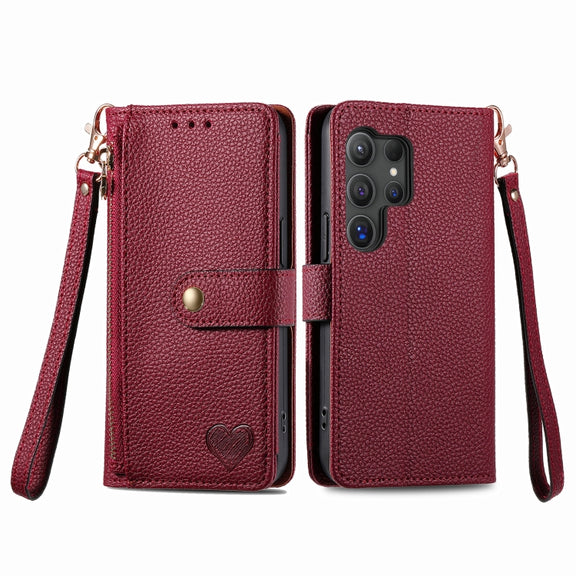 For Samsung Galaxy S24 Ultra 5G Love Zipper Lanyard Leather Phone Case(Red)