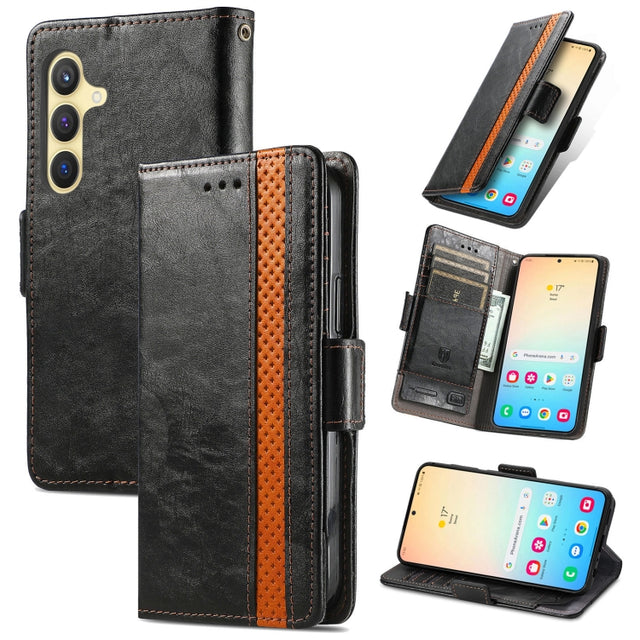 For Samsung Galaxy S25 5G CaseNeo Splicing Dual Magnetic Buckle Leather Phone Case(Black)