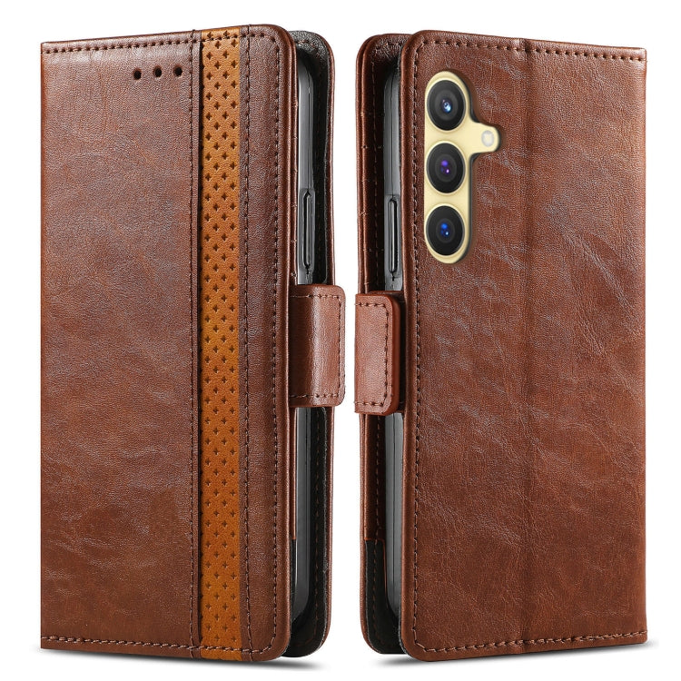 For Samsung Galaxy S25 5G CaseNeo Splicing Dual Magnetic Buckle Leather Phone Case(Brown)