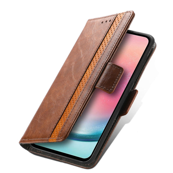 For Samsung Galaxy S25 5G CaseNeo Splicing Dual Magnetic Buckle Leather Phone Case(Brown)