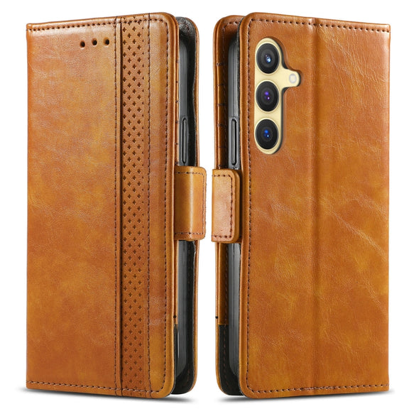 For Samsung Galaxy S25 5G CaseNeo Splicing Dual Magnetic Buckle Leather Phone Case(Khaki)