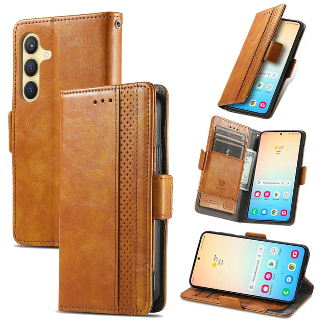 For Samsung Galaxy S25 5G CaseNeo Splicing Dual Magnetic Buckle Leather Phone Case(Khaki)