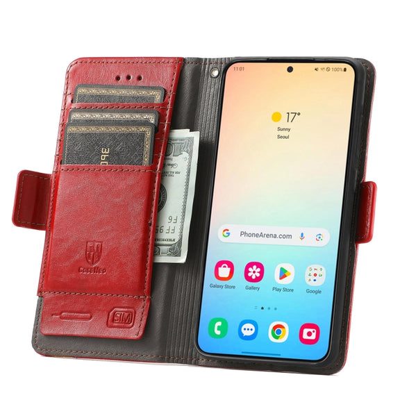 For Samsung Galaxy S25 5G CaseNeo Splicing Dual Magnetic Buckle Leather Phone Case(Red)