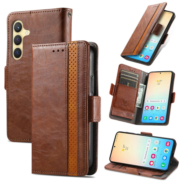 For Samsung Galaxy S25+ 5G CaseNeo Splicing Dual Magnetic Buckle Leather Phone Case(Brown)