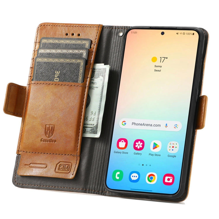 For Samsung Galaxy S25+ 5G CaseNeo Splicing Dual Magnetic Buckle Leather Phone Case(Khaki)