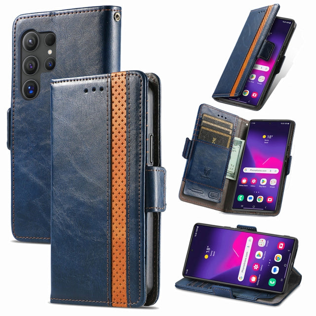 For Samsung Galaxy S25 Ultra 5G CaseNeo Splicing Dual Magnetic Buckle Leather Phone Case(Blue)