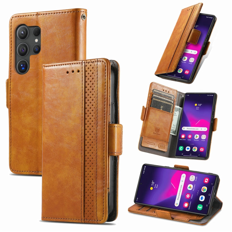 For Samsung Galaxy S25 Ultra 5G CaseNeo Splicing Dual Magnetic Buckle Leather Phone Case(Khaki)