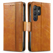 For Samsung Galaxy S25 Ultra 5G CaseNeo Splicing Dual Magnetic Buckle Leather Phone Case(Khaki)