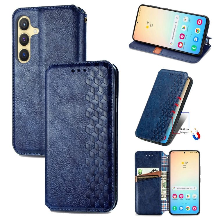 For Samsung Galaxy S25 5G Cubic Grid Pressed Magnetic Leather Phone Case(Blue)
