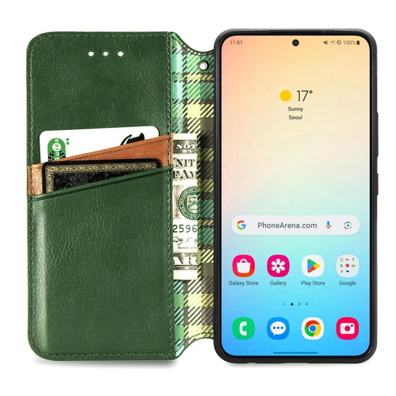 For Samsung Galaxy S25 5G Cubic Grid Pressed Magnetic Leather Phone Case(Green)