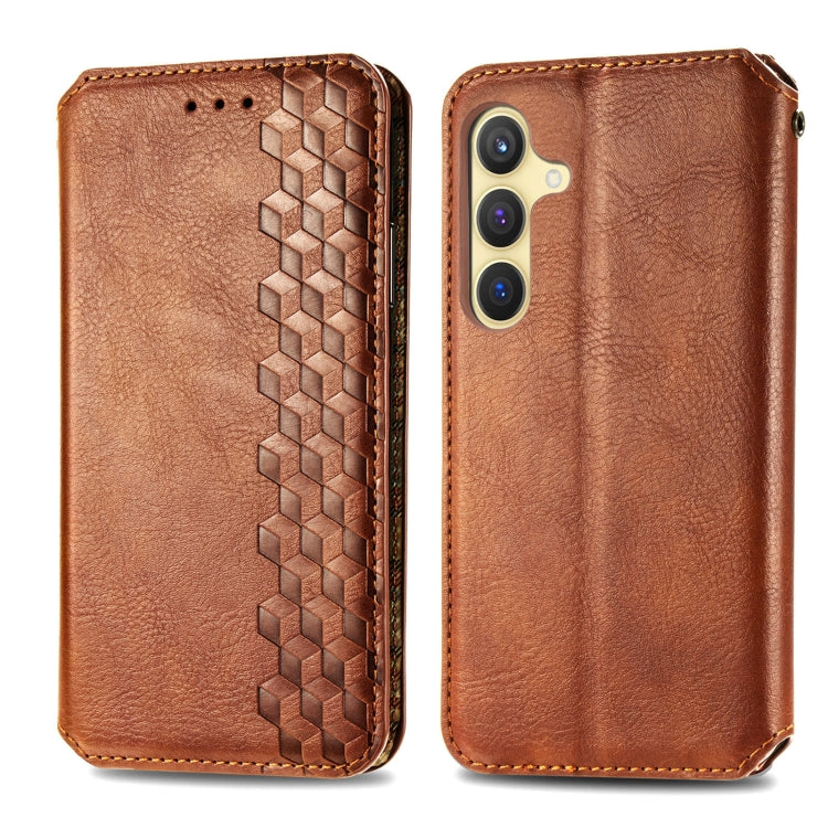 For Samsung Galaxy S25 5G Cubic Grid Pressed Magnetic Leather Phone Case(Brown)